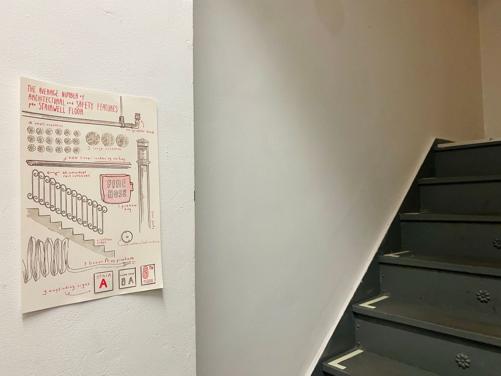 another poster installed in a stairwell, cataloging theboystets architectural and safety features of the stairwell 