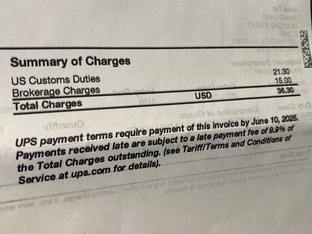 a bill from UPS listing customs duties and brokerage charges 