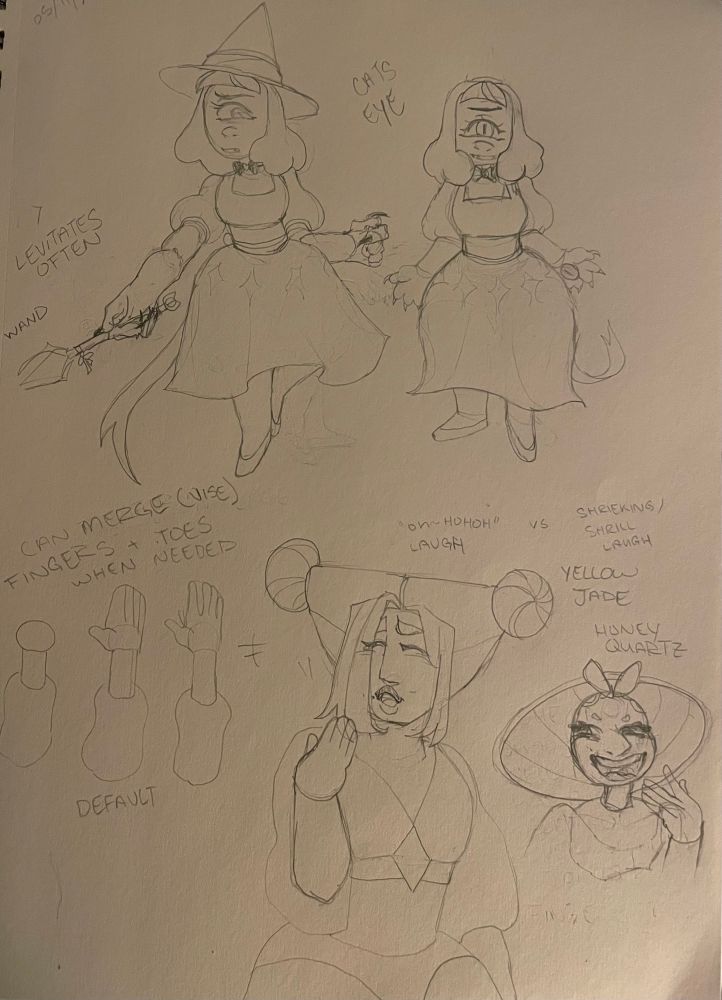 3 OC’s are presented on this sketch page!! Chrysoberyl Cat-eye, Yellow Jade, Honey Quartz!
The top two drawings are the persona of Chrysoberyl Cat-eye. She has a witch, and cat like design seemingly small and stout with only one eye. She looks concerned ( right ) and simple ( left ).
Bottom left is all about Yellow Jade who is more angular, wearing space buns and seen laughing. References of one of her abilities is left-next to her. She can merge / mold her fingers and toe joints into one ( vice versa. ). 
Bottom right is Honey Quartz! Just a sketched bust shot of her laughing as well with Yellow Jade! She has a round appearance in the face, with oval hair as one big bun. She has baby hairs and two thick strands sticking up from the middle part, this is antena.
•
Quote above Yellow Jade and Honey Quartz : “ oh~Hohohoho “ laugh vs Shrieking / Shrill laugh ( “ HhaaAAAHHAHAHAAaa“ laugh )
