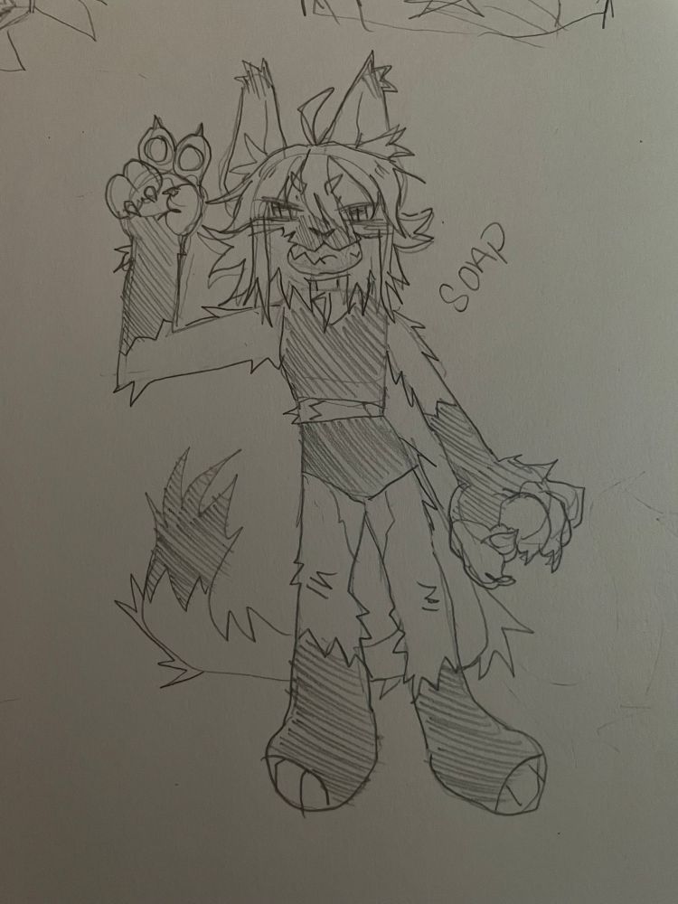 “ PREPARE FOR TROUBLE!!-

MY PERSONAL FURSONA!!
PRNS: They / it / e /

Their name is SOAP, a porple feline but here, this feline is a B&W pencil sketch wearing a fitted and cropped tank with briefs! SOAP has a big ahh smug smile holding a peace sign with its ( viewer ) left paw!