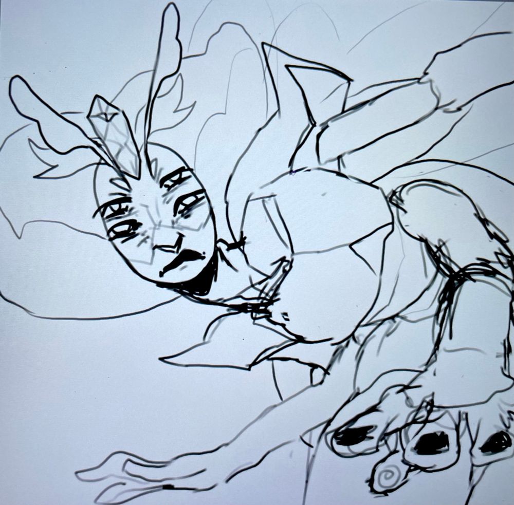 She see’s you.
Photo: Sketch no color-
Her body is flexible and lower body twisting away from the viewer as if she’s moving quick yet has a hands rotating towards you and one out ready to snatch you up. 
•
BumbleBee Jasper [ Fusion ]; She is very Queen Bee coded. She has 4 arms and legs as well as a bee butt with a “stinger” ( she’s big, so it’s basically a sword ). BB Jasper has better aerial speed than terrestrial speed! 
She’ll catch you.