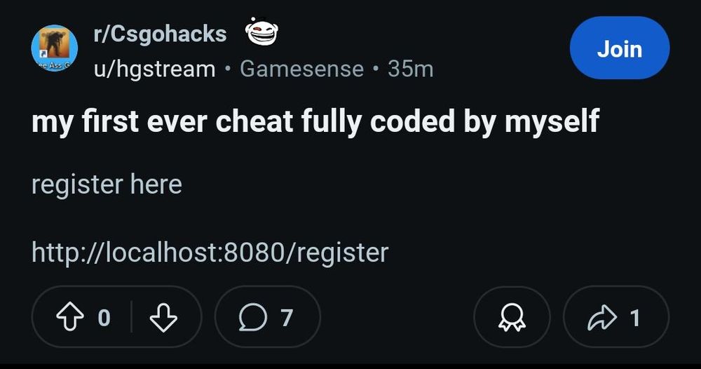 reddit post on r/Csgohacks, the subject reads "my first ever cheat fully coded by myself", and the body reads "register here

http://localhost:8080/register"