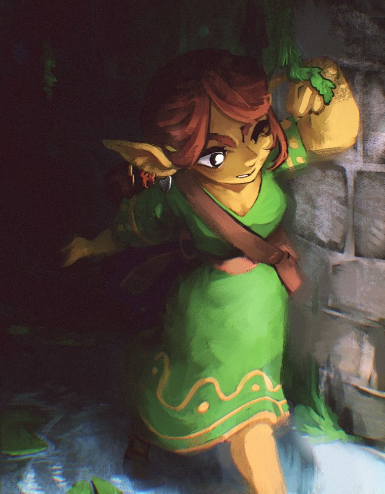 A digital illustration of Ventury's companion character, Aria, wading in shin-high water as she navigates towards sunlight from a flooded stone corridor.