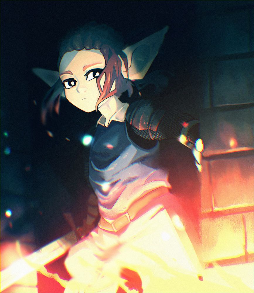 A digital illustration of Ventury's player character, Rixin, illuminated by fire in a dark, stony environment.