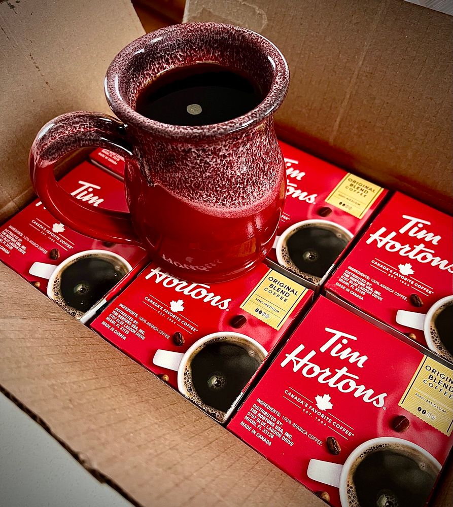 Box full of Tim Hortons coffee