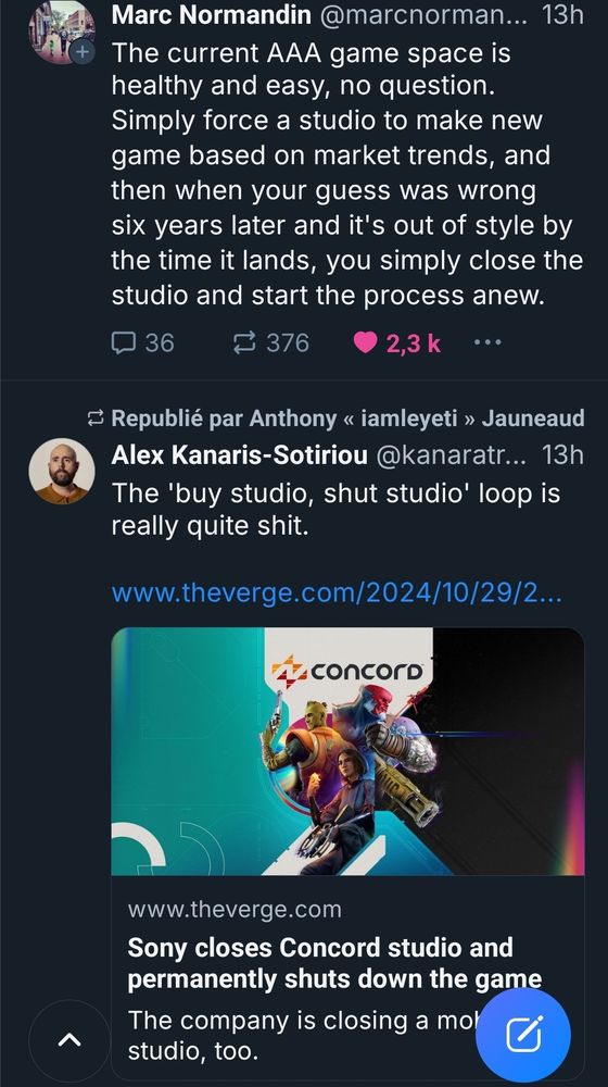 A picture of my Bluesky feed, with Marc's post about AAA game space betting on outdated market trends by the time the games release, followed by a post about Sony permanently shutting down Concord studio.