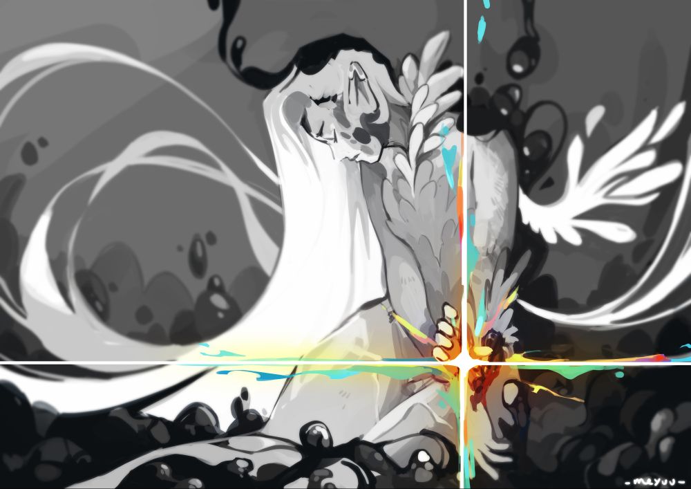 This is an angel who seems to be hurt. She's trying to heal her arm. But at the flore, we can see a lot of strange dar slime. All the illustration is only in grey shades except a fx of healing from the arm.