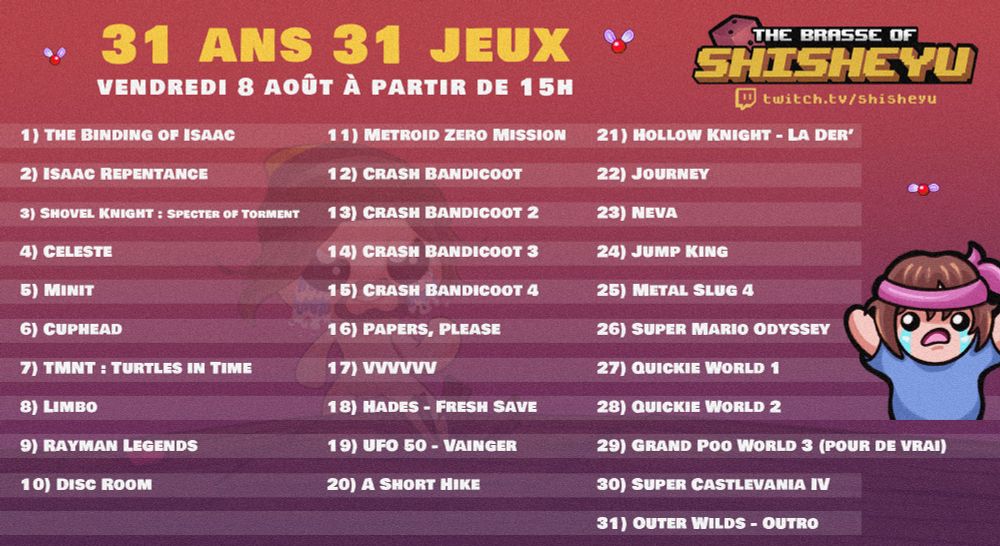 Programme du marathon 31 ans 31 jeux, visuel par MisuFany.