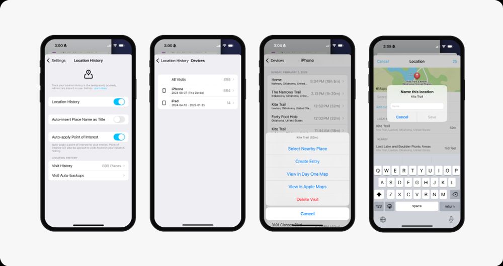 Four screenshots of updates for Location History in Day One iOS v2025.4
