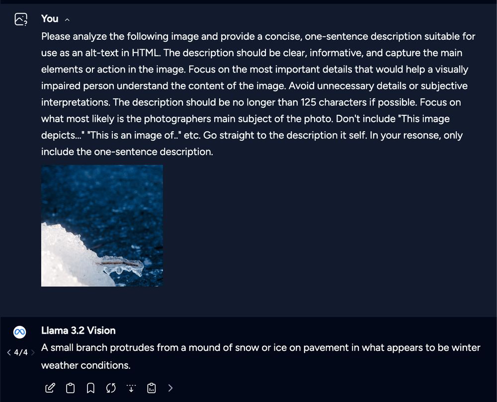 Screenshot showing Llama 3.2 Vision running locally in Msty, to write a caption for an image.