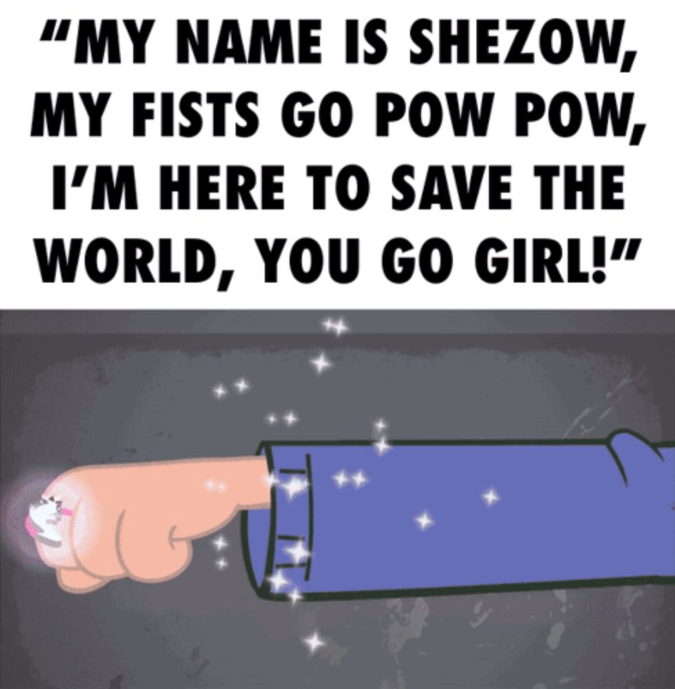 a cartoon of a fist with the words " my name is shezow my fists go pow pow "