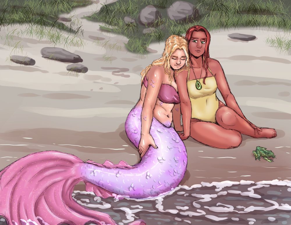 A blonde, light skinned, purple tailed mermaid is holding her tail and looking sad while resting her chin on a tan, dark red haired, woman in a yellow one-piece swimsuit. A small frog is next to them. The woman is looking at the mermaid