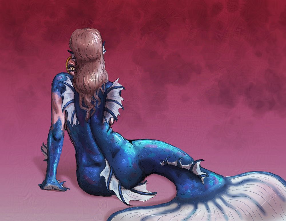 A light skinned, blue-tailed, brunette mermaid is sitting with her back to the camera. Her scales go completely up her back and cover her forearms and hands. Spikey fins protrude from her should blades and the dorsal of her tail. She is holding a mirror in her right hand and the reflection of her glowing yellow eye with a slitted pupil is staring back at the camera.