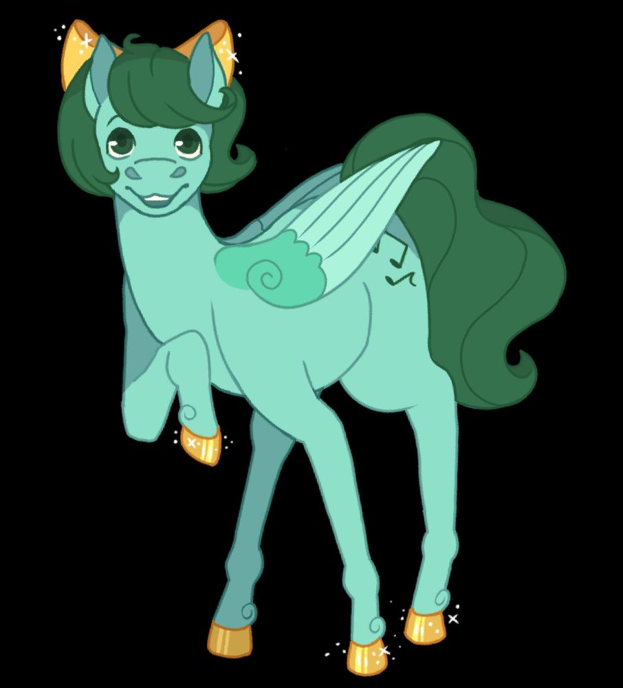 A teal pegasus with golden hooves smiles at the viewer. Her dark green hair is cut into a bob, her tail is long and wavy. She wears a golden bow on her head.