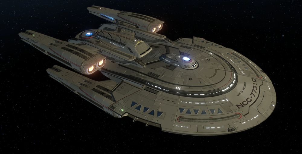 An overhead shot of the Stargazer Class Heavy Cruiser Starship for Star Trek Online, which incorporated a ship design style heavily influenced by Star Trek: Prodigy. 

This ship specifically is the USS Picard (NCC-77310), named after the famous Mission Specialist of the 2024 Europa Mission, Renée Picard. 

This ship was designed and modeled by Tobias Richter, and intake work on this ship was done by Ramon Matas.