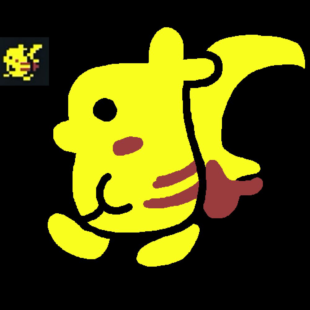 a reinterpretation of Pikachu's sprite from Pokemon Gen 1. the outline of the arm nub is now a cheek dimple, with mouth connected, and the snout is now a nose. this gives it the appearance of a disembodied head with legs. the tail is also reimagined as a disconnected brown hand holding a sickle. Pikachu's original sprite is in the top-left for comparison.