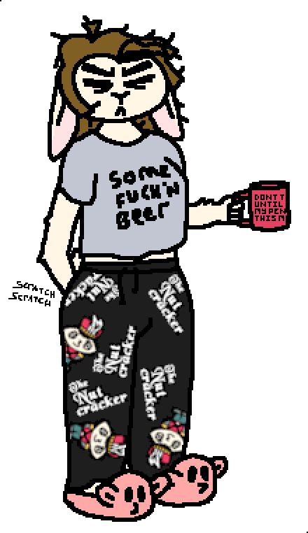 a very tired-looking anthro bunnygirl with white fur and frizzy bed-headed brown hair, wearing a generic tee with "SOME FUCK'N BEER" written on it, a pair of pajama pants with images of Stewie Griffin dressed as a nutcracker on it, and a pair of novelty pink human-shaped slippers. in one hand, she's holding a mug with text on it, but the text wraps around the back of the mug so one can only see "DONT T... UNTIL... MY PEN... THIS M". her other hand is being used to scratch her ass.