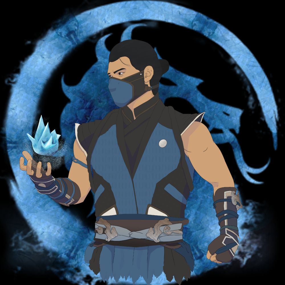 A digital painting of Sub-Zero from Mortal Kombat 1, posed and holding a conjured shard of ice. The background is the mortal kombat logo that also looks made of an icey texture