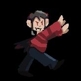 A pixellated vampire in 8 bit art style
 He's in a red sweater, black pants, and a black cape. His skin is a bit pale and he has red eyes. 