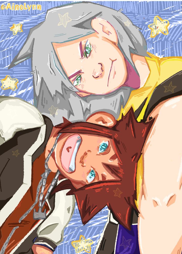 Sora and riku leaning on one another 
Kingdom hearts one attire 
Scribble blue background with stars