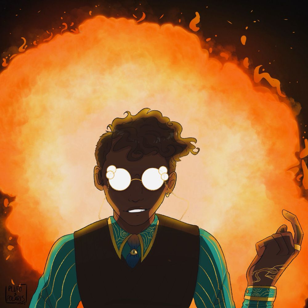 A dark skinned man with curly brown hair pictured from the waist up, snapping his fingers. He wears a brown sweater vest with a turquoise and gold stripped undershirt, gold glasses with extra lenses, and a gold glasses chain. Behind him is a massive explosion, the result of a fireball spell. 