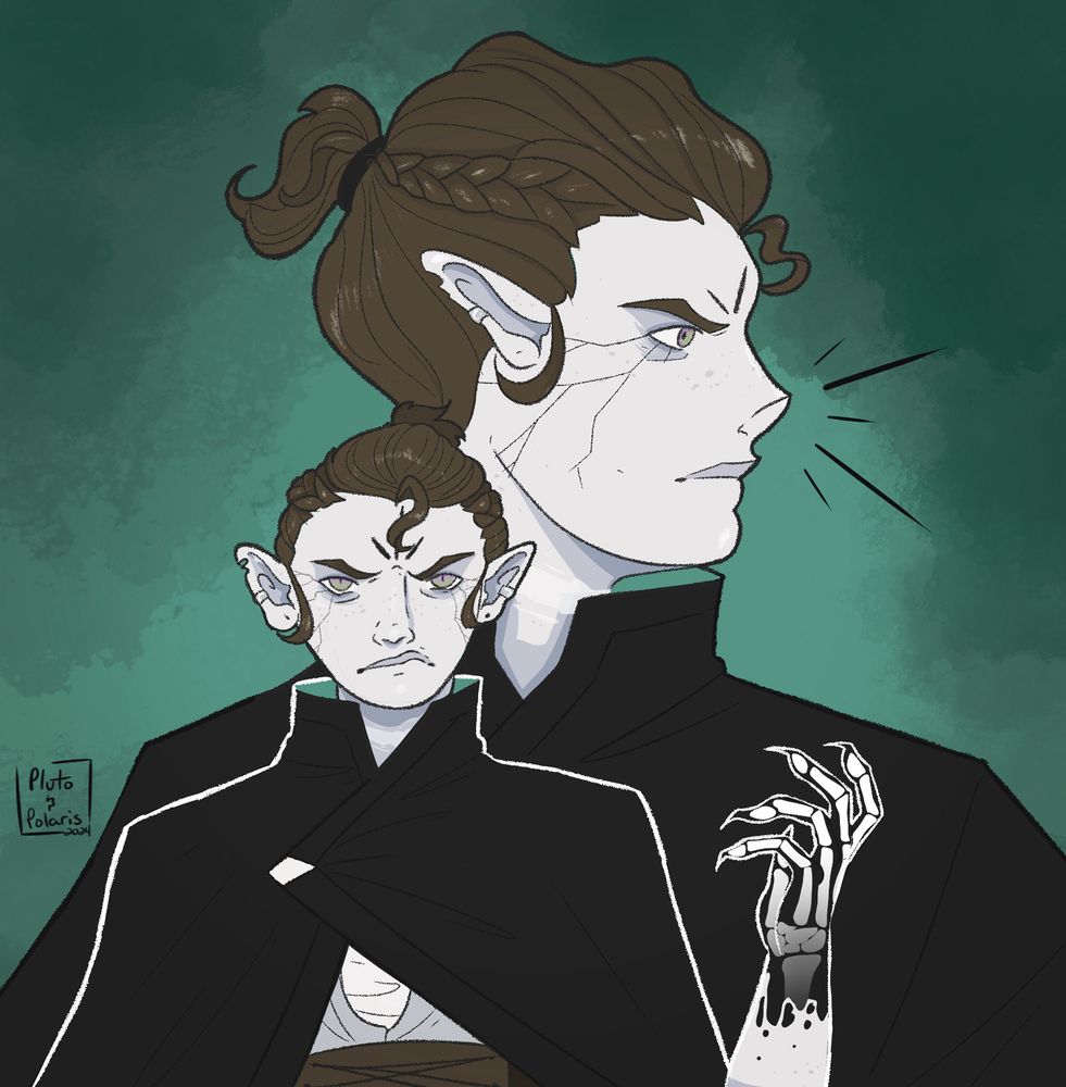 An illustration containing two instances of the same character, one over the other. She is a pale halfling woman with brown hair wearing a black cloak. In the foreground, she holds up her right hand, which is see-through to show the skeleton underneath. In the background, she faces to the right, showing off black cracks in her face stemming from the eye. The background is a pale, sage green. 