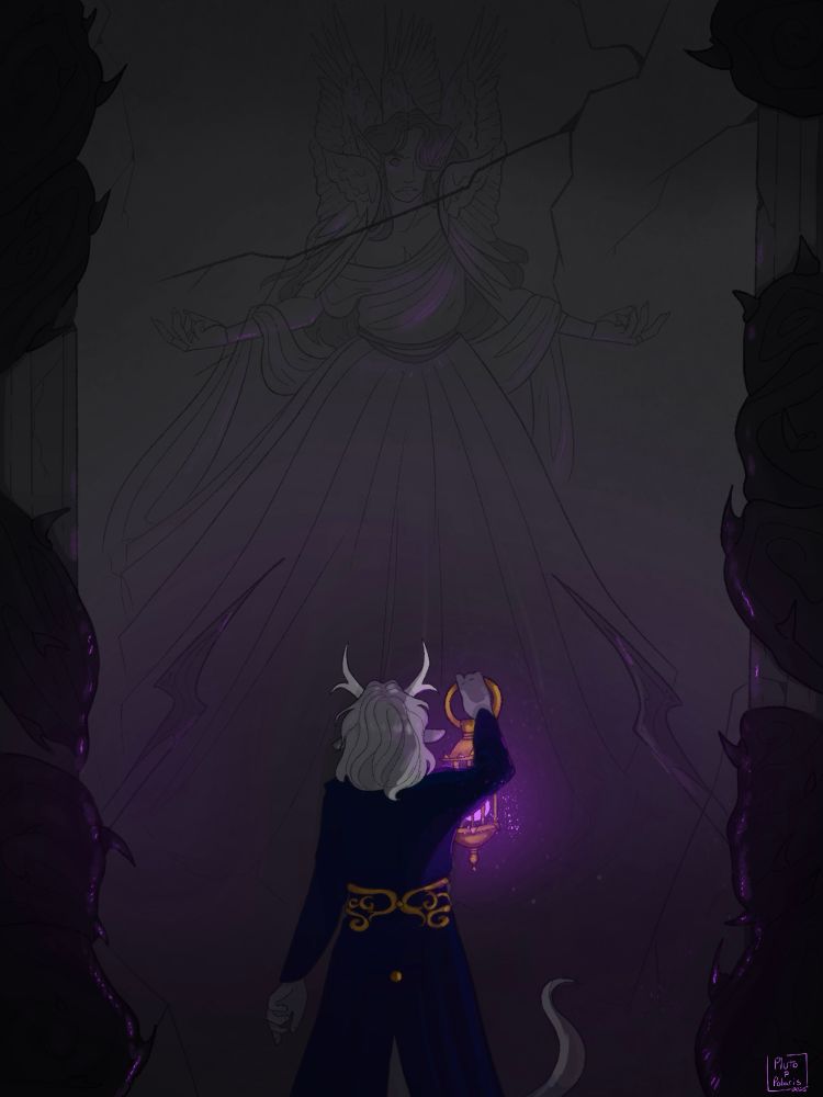 An illustration of a Tiefling in a navy blue coat holding a golden lantern, looking up at a carving on a stone wall. The lantern glows bright purple. The Tiefling has grey skin and shoulder length white hair, with deer-like white antlers. The carving is of a woman in a flowing dress with a halo made of bird’s wings. Columns frame the piece, with dark, thorny tree roots growing around them. 