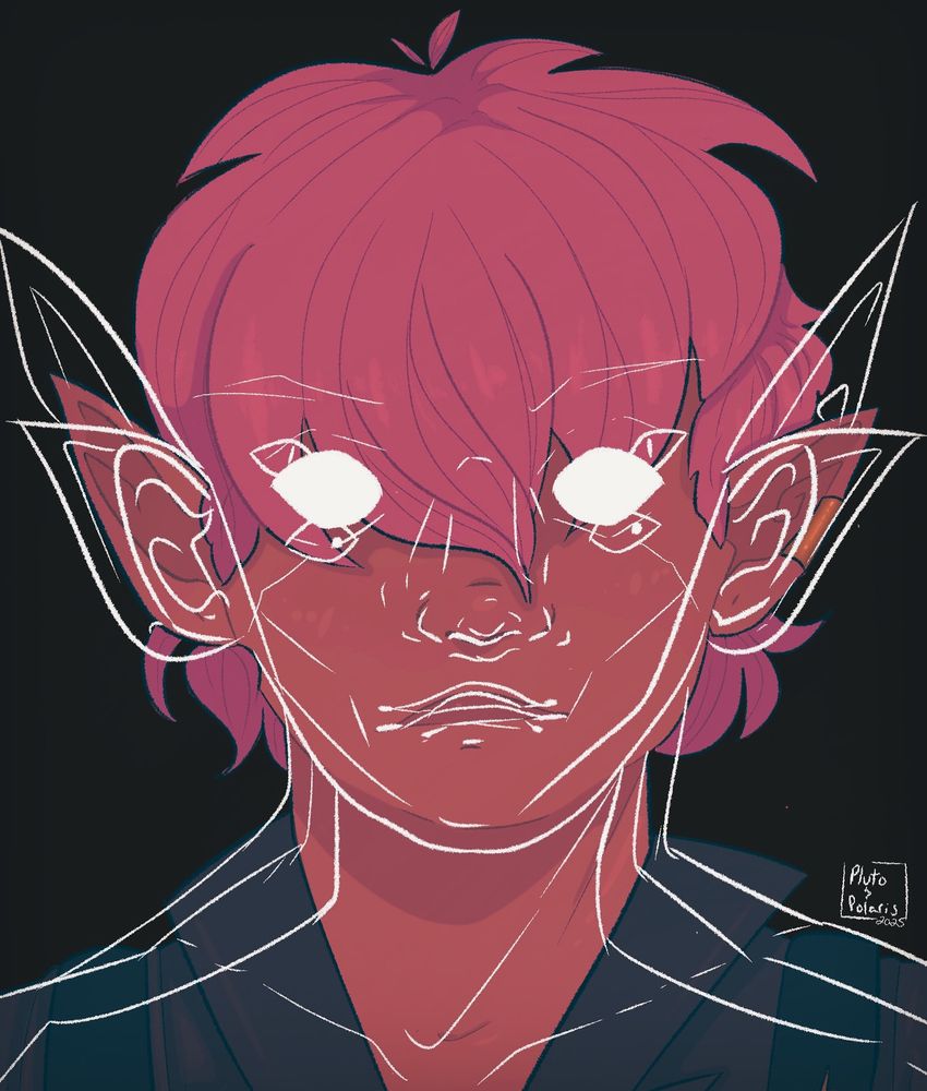 An illustration of a chubby man from the shoulders up, with pointed ears and pink hair covering his eyes. White line art of other faces in varying sizes and shapes are overlayed on top. 