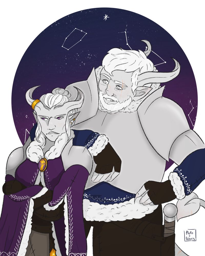 Two grey tieflings with white hair, standing in front of a purple and blue night sky background. One is a taller, bearded man wearing plate armor, leaning on the shoulder of a shorter woman in a purple fur lined cloak. He seems happy, while she looks annoyed. 