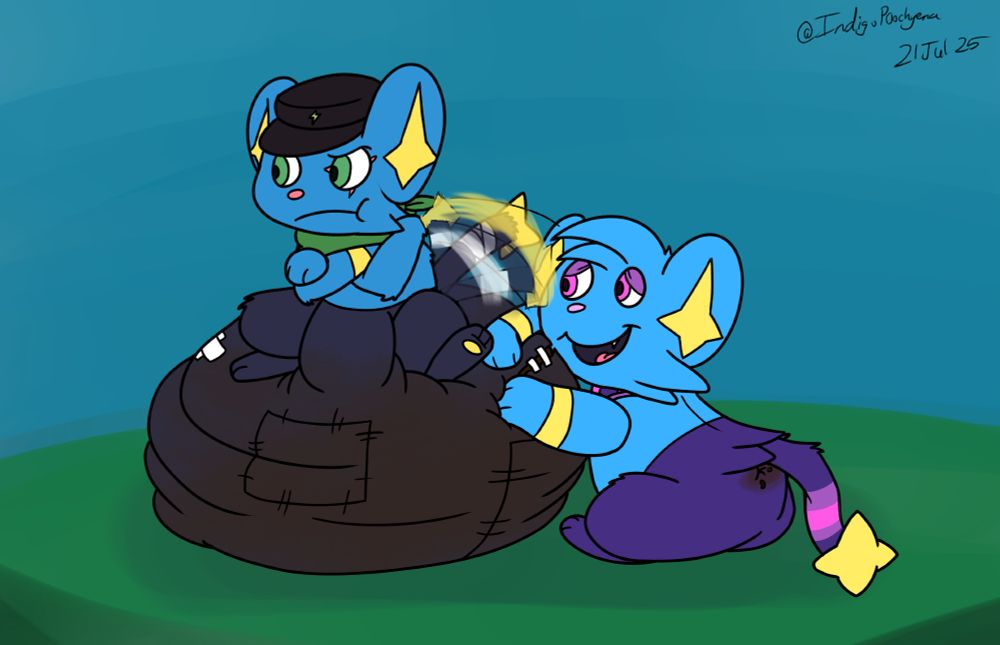 Gen with arms crossed and pouting, sitting atop patched-up, hyper-loaded pants, with Frieze squishing the mess