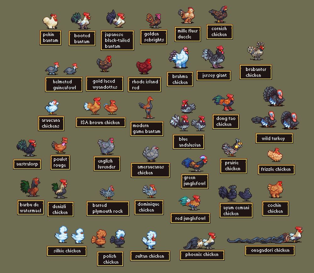pixelart of over 30 different chicken breeds + relatives! Yay!