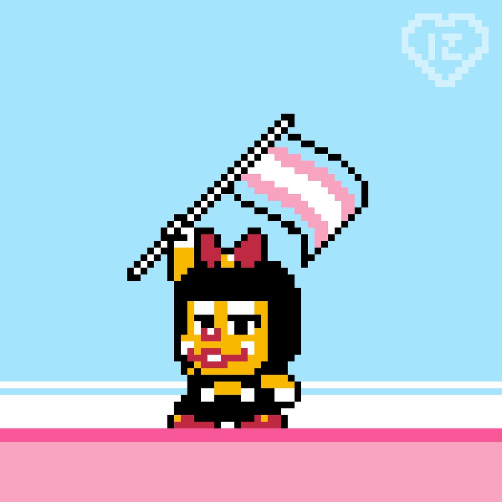 Sunnie the 8bit clown holding a trans flag that's blowing in the wind.