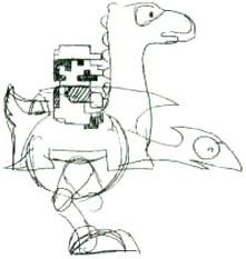 Yoshi concept art from the NES era. The sketch is of SMB Mario sitting on a two sketches of a dinosaur drawn on top of each other.