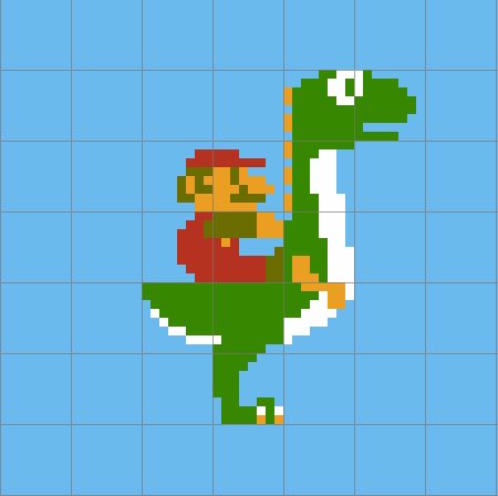 NES Super Mario Bros pixel art style Mario riding on a beta design of Yoshi, which is a large neck green dinosaur with a white belly, and orange arms.