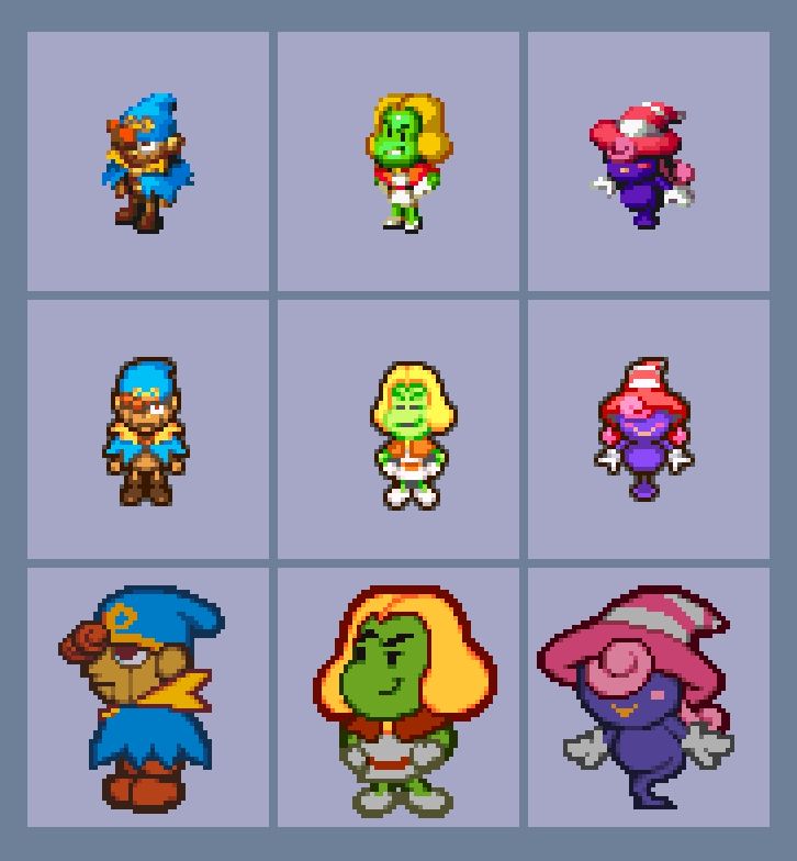 Geno from Super Mario RPG, Prince Peasly from Mario & Luigi: Superstar Saga, and Vivian from Paper Mario: The Thousand-Year Door, all done in their original art styles (except Vivian who is in Papar Mario (64) style). The rest are creations by me to make the characters look like NPC in each others games.