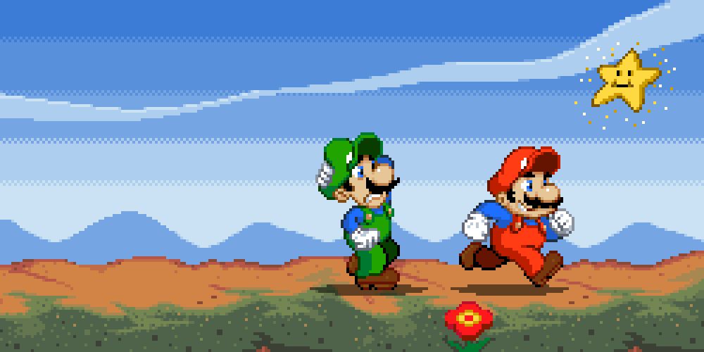 Luigi and Mario running in a field, with a star man and a fireflower. There is a lot of space missing for my characters.