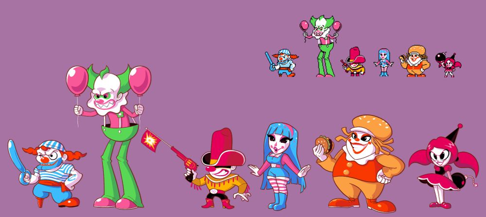 Row of 6 clowns both done in pixelart and digital hand drawings. The row consist of Scurvy a blue and red pirate themed clown, Stiltz is a tall green and pink clown  with a creepy face and holding two balloons, Silly the Kidder a yellow and red rodeo clown with a prop gun, Miss Behave a pink and blue slim "e-girl" clown, Patty a chubby orange and red fast food clown with a burger, and Pippi Shortfuse a pink and red harlequin clown hiding a bomb behind her back.