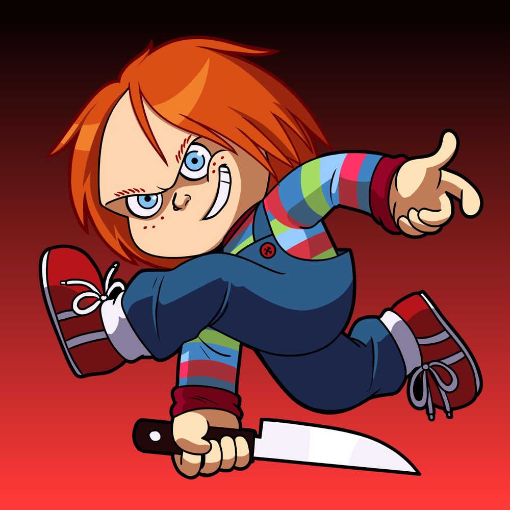 Chucky from the Child's Play Series in stylized simplified looking clothing and is in the iconic Sonic Adventure pose where his further away arm is tucking under a kicking leg, while holding a knife.