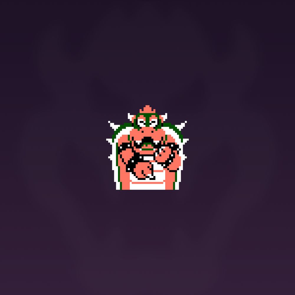 This pixel Bowser is from an NES-era game, he is only shown from the waist up and he is pointing and laughing at you. His orange-colored pieces are very salmony. 