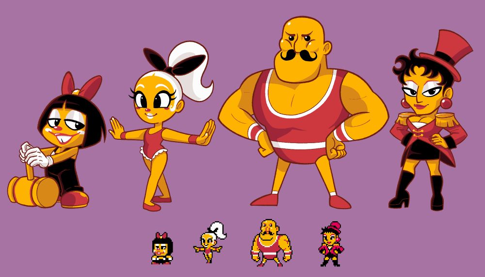 Four characters all with yellow skin and black, white, and red clothing. The characters are over a purple background and are lined up with drawn versions and pixelart versions beneath those. The characters are a small clown with a mallet named Sunnie Belle, a trapeze artist Julia Belle, a strong man Barnum Belle, and ring mistress Bailey Belle.