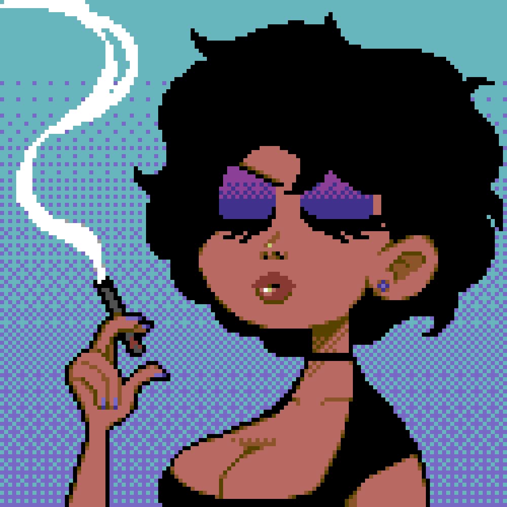 A modern woman with a black t-shirt with cleavage is smoking a clover cigarette while having her eyes close. She has purple eye shadow and has a resting hand holding the cigarette. There is a trail of smoke flowing from the cigarette. The background is made up of two colors dithered together a teal and a purple.