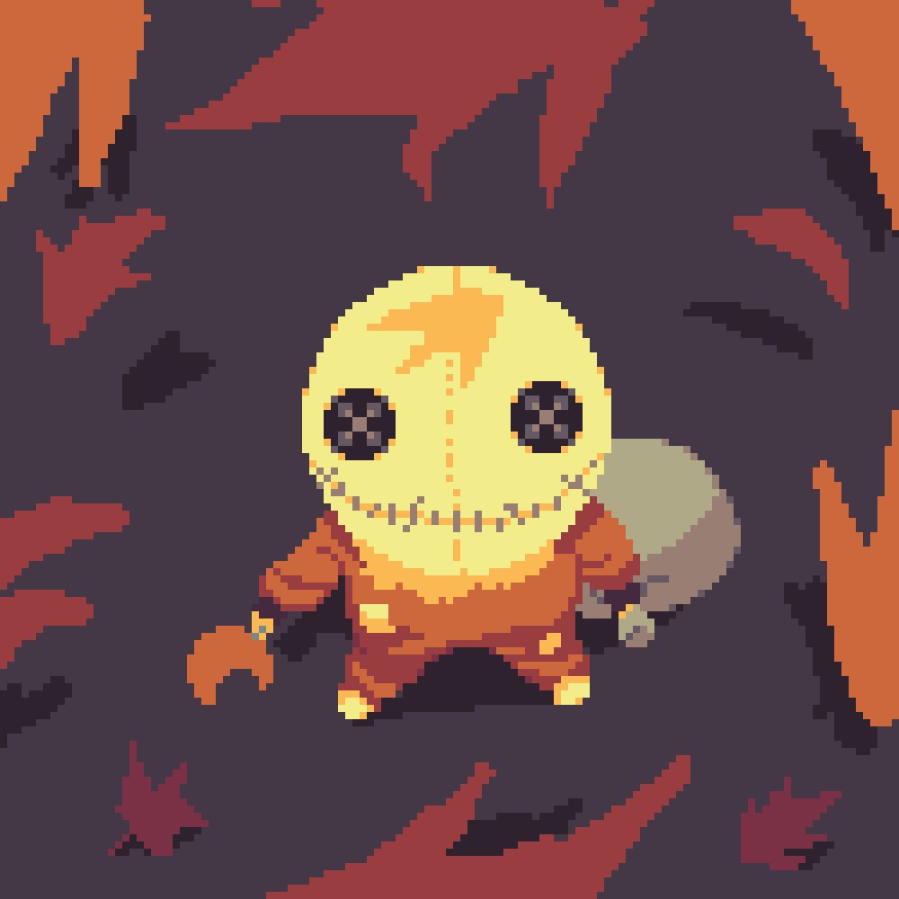 Sam the spirit of Halloween looking upward and seeing falling leaves. 
