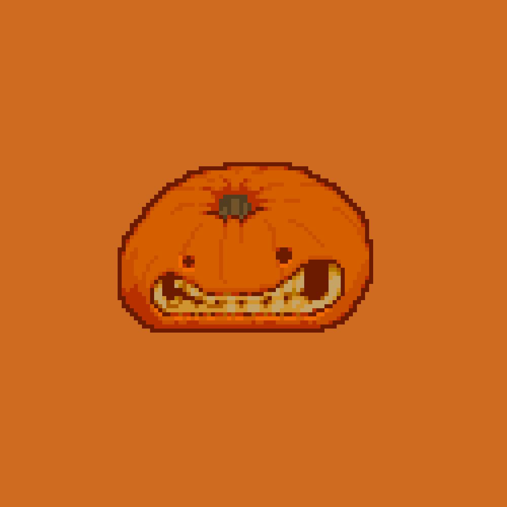 Pixel art of a meme pumpkin with a goofy face.