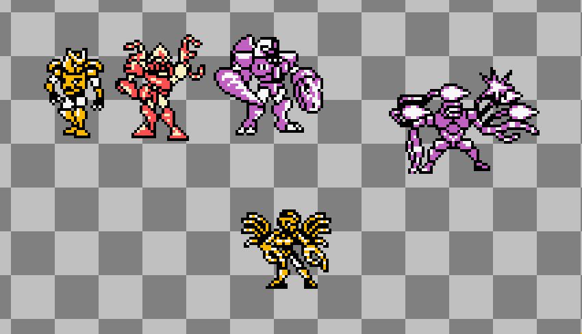 Cheetor, a squid, Megatron, Tarantulus and a Blackarcnia in Kettou Beast Wars style. The sprites are on a transparent backdrop. 