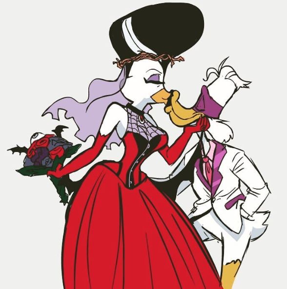 Morgana and Darkwing Duck at their wedding in rockabilly inspired outfits outfits giving each other a big kiss. 