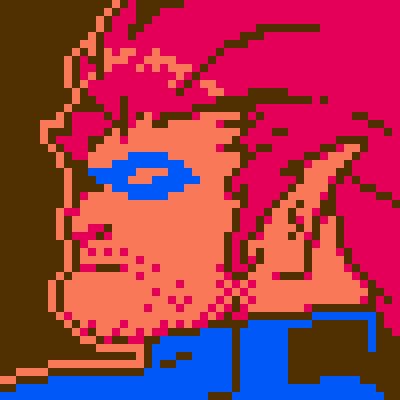 A serious man with a mask, red hair, and stubble made up of peach, red, and blue colors and is a 50x50 pixel art square.