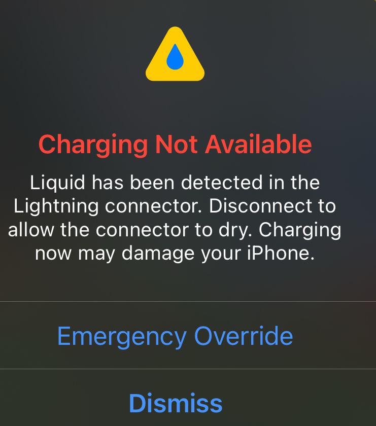 Screenshot of my phone showing charging is not available due to water detected in the connector 
