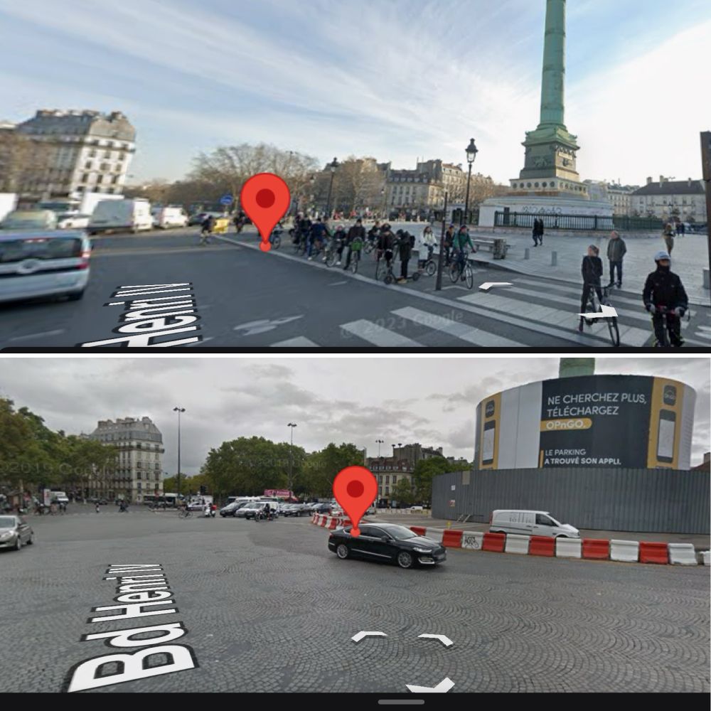 Place de la bastille (top is now, bottom is before). Picture google maps 