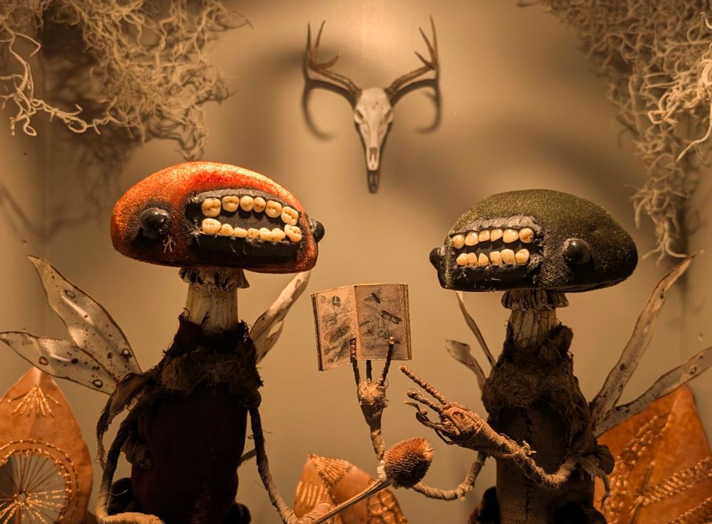 Two mushroom-headed tooth fairies (with very toothy-grins). The green one on the right is holding up a tiny book with insect illustrations. The orange one to the left seems very excited! There's a tiny deer skull hanging on the wall behind them with moss hanging from the ceiling and copper-embroidered dead leaves all around them. A cozy environment for their studies...