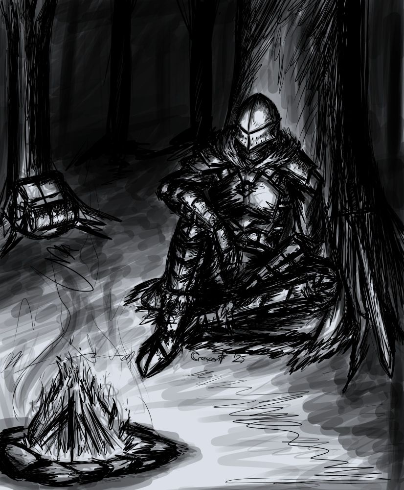 Black and white, rough drawing of an armored adventurer sitting against a tree, next to a campfire in a dark forest, his sword and baggage leaning against trees